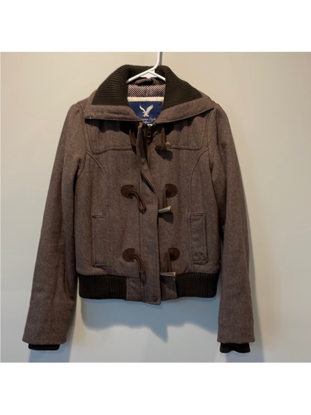 American Eagle Outfitters Brown Toggle Bomber Jacket-pea coat